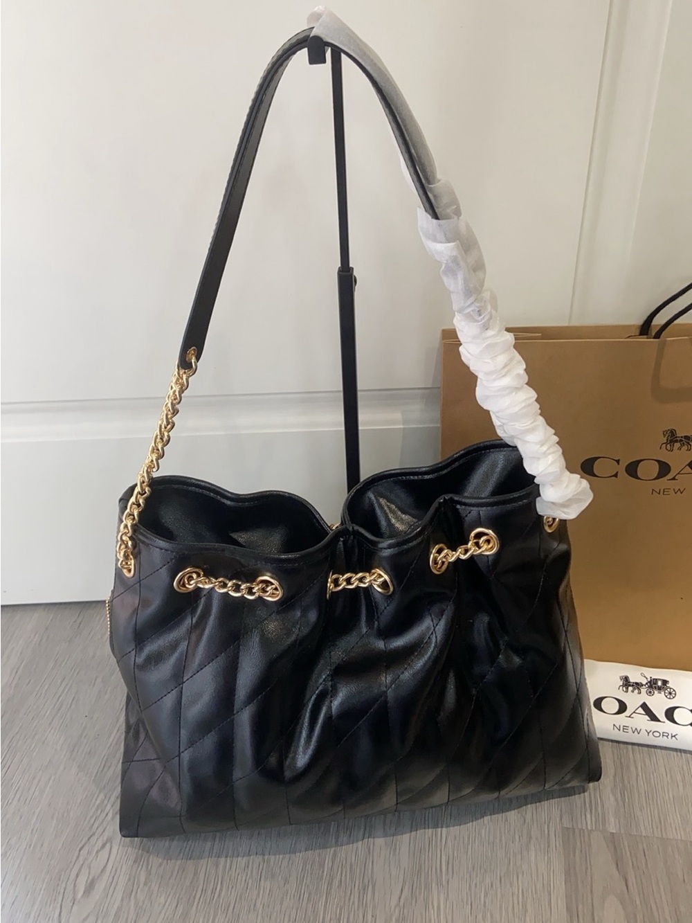 Black Quilted Leather Chain-Detail Crossbody Bag